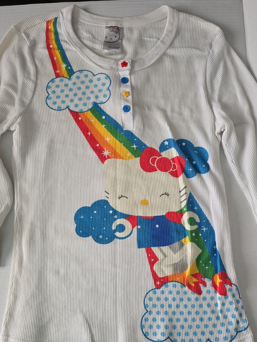 Vintage Hello Kitty Rainbow Thermal Henley | Waffle Knit Novelty Button Top